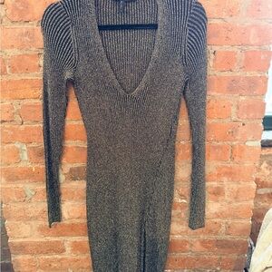 BCBG Maxazria Metallic Gold Black Ribbed Knit Bodycon Midi Dress Size Small